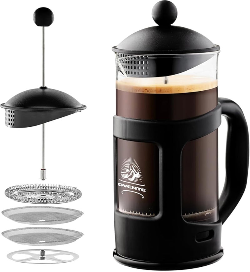 إبريق قهوة فرنسي من أوفينتي سعة 12 أونصة مع زجاج مقاوم للحرارة، نظام مكبس من الفولاذ المقاوم للصدأ بثلاثة فلاتر، إبريق محمول لتحضير القهوة والشاي مع فلتر شبكي ومغرفة قياس مجانية، أسود FPT12B